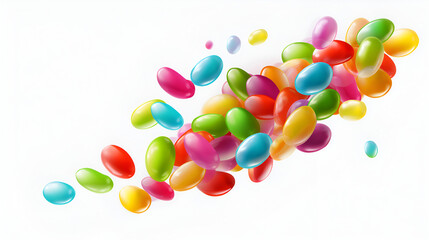 White background with a rainbow of colourful jelly beans,