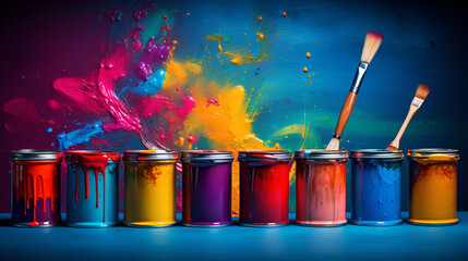 Digital Depiction Of Open Paint Cans And Brushes on Blur Background,

