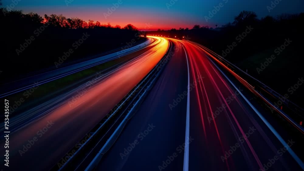 Poster the continuous flow of traffic on the highway captured in a long exposure shot transforming the road