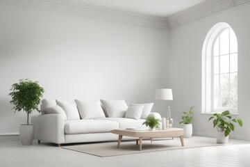 living-room with empty wall for mockups, modern interior elements