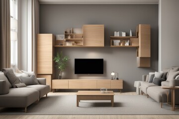 living-room with empty wall for mockups, modern interior elements