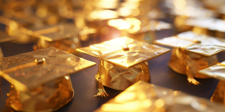 A graduation cap sits on a table covered in golden paper.
 