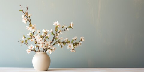 White blooms in ceramic vase within pale interior.
