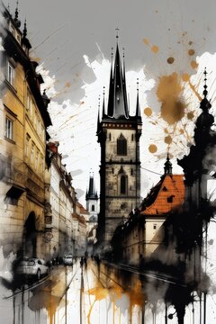 A watercolor painting of prague castle in the background