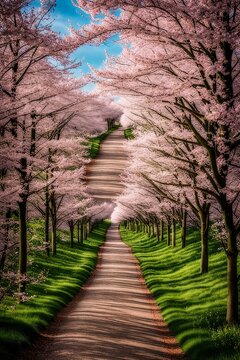 garden with cherry blossoms and sakura., Pink Cherry Blossoms