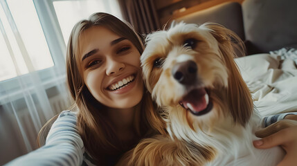  Young beautiful woman in room taking selfie with her dog, happiness, friendship concept,