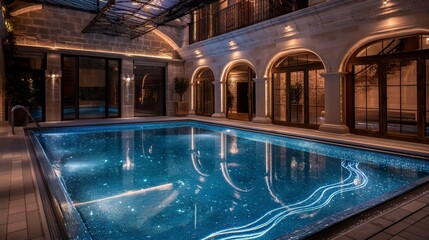 Twilight captures the essence of luxury as underwater LED lights illuminate a sumptuous pool, creating a captivating display