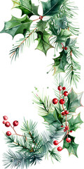 A watercolor painting featuring a Christmas wreath adorned with holly, pine branches, and red berries, highlighted with festive holiday ornaments
