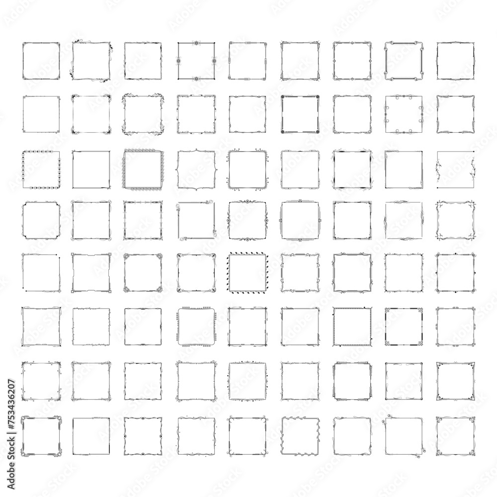 Poster set black simple line frame collection doodle square floral frame elements vector design style sketc