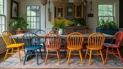 A rustic dining table surrounded by mismatched chairs each one painted a different bold color adding a playful and vibrant touch to a dining room.