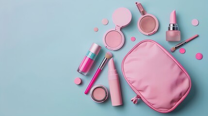 Naklejka premium Beauty Unleashed: Dive into a world of color with this chic pink makeup bag overflowing with luxurious cosmetic treasures. Your glam game just got an upgrade!