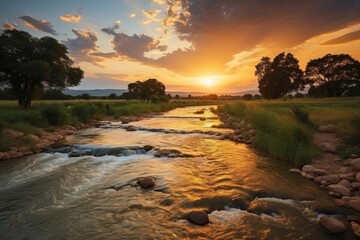 Beautiful sky over the river at sunset or sunrise. Beautiful nature