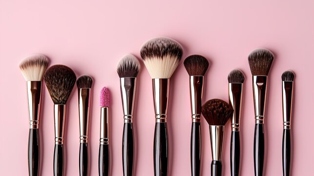 Glamour Essentials: Elevate your beauty game with this flawless set of makeup brushes on a chic pastel pink canvas. Your makeup routine just got a luxe upgrade!