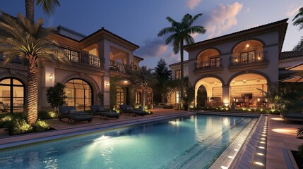 Twilight serenity captured in an image of an exclusive pool area with ambient lighting, surrounded by opulent landscaping and architectural details - obrazy, fototapety, plakaty