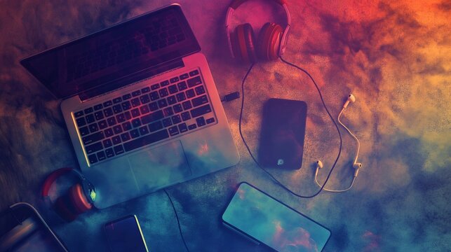 Vibrant top view of a laptop, tablets, and earphones on a textured background, creating a visually striking and colorful image.
