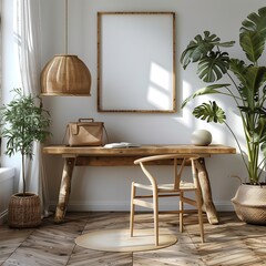 Natural wood desk with plant and a mockup picture frame