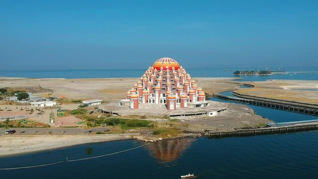 Aerial of unique and stunning Asmaul Husna 99 Dome Mosque in Makassar, Sulawesi, Indonesia.