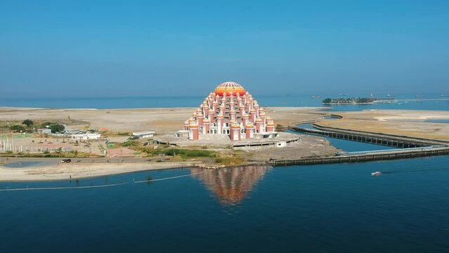 Aerial of unique Asmaul Husna 99 Dome Mosque in Makassar, Sulawesi, Indonesia.