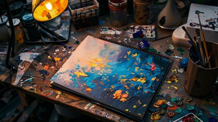 A notebook lying on an artist's table, pages filled with paint, lamps, beside a half-finished painting glowing with colors - Powered by Adobe