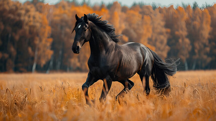 beautiful black horse playing on the field, generative Ai