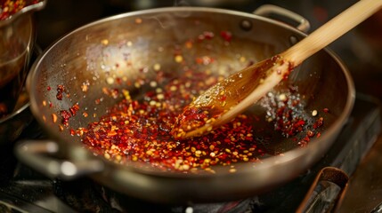 A sizzling sauce preparation in a stainless steel frying pan. A wooden spoon is stirring a vibrant, spicy mixture, with flecks of red chili, golden seeds, and garlic - Powered by Adobe