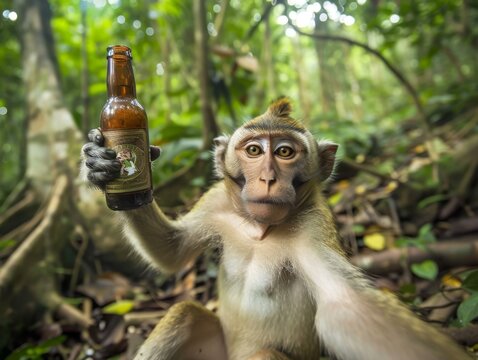 A monkey's selfie adventure, capturing itself with a backdrop of lush jungle, holding a beer bottle
