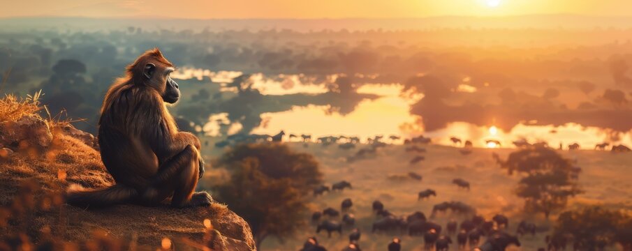 A serene moment as a monkey enjoys a sunset atop a tranquil hill, overlooking a vast, gently moving herd below
