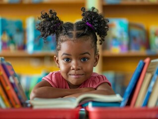 Bright-eyed child surrounded by books in a colorful classroom, eager to learn. Capturing the essence of curiosity and education in a child's world.
