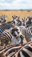 Mischievous monkey with a herd of zebras in the savannah, capturing a whimsical moment of nature