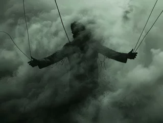 Fotobehang Puppet strings controlling the chaos of a tornado, symbolizing human attempt to harness nature's fury © pantip