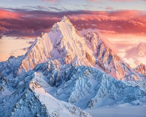 Snow-covered mountain peaks at sunset, with the last light casting pink and orange hues over the crisp landscape