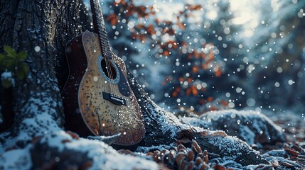 Snowflakes gently settling on an acoustic guitar, nestled against a tree at the mountain's base - obrazy, fototapety, plakaty