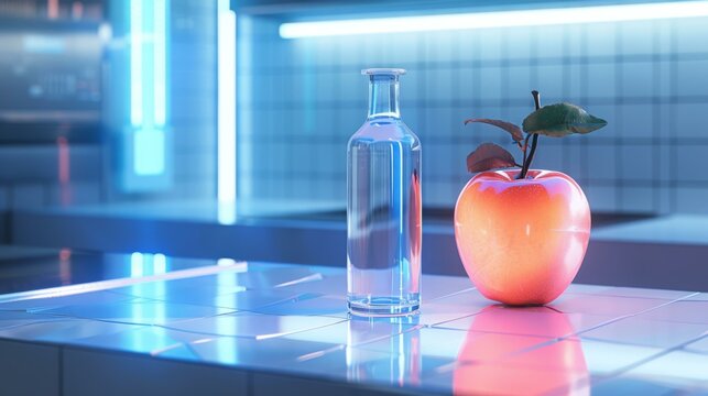Sleek, translucent bottle with bio-luminescent fluid, beside a glowing apple, in a minimal kitchen
