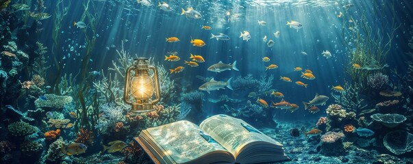 Underwater scene, fish swimming around a glowing lamp, next to a notebook filled with marine paintings, dreamy and surreal