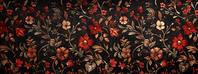 Black Background With Red Flowers and Leaves