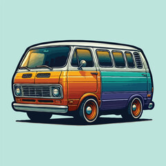 Hand drawn colorful retro van .Vector bus art illustration.