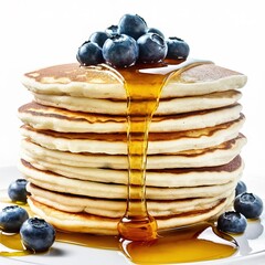 A stack of plain pancakes served with honey and blueberry over a white background.