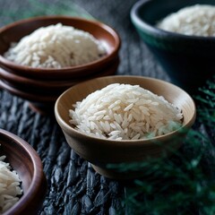 Uncooked rice in wooden and ceramic bowls over dark texture background