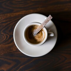 Cup of espresso coffee served with rock candy sticks over dark wooden background