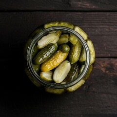 Closed jar of pickles. On dark rustic background