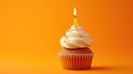 Birthday cupcake with candle on orange background Text space .