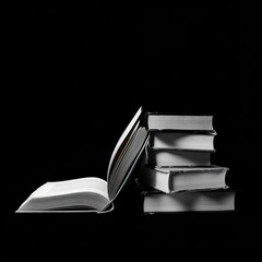 open book for reading and a stack of books, isolated on a black background.