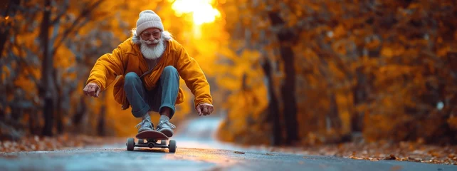 Fotobehang Funny old man riding a skateboard. Created with Generative AI. © lchumpitaz