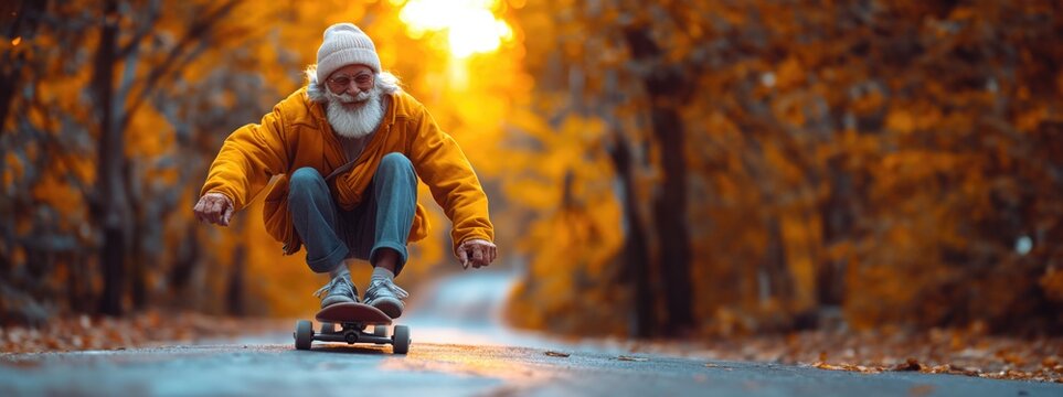 Funny old man riding a skateboard. Created with Generative AI.
