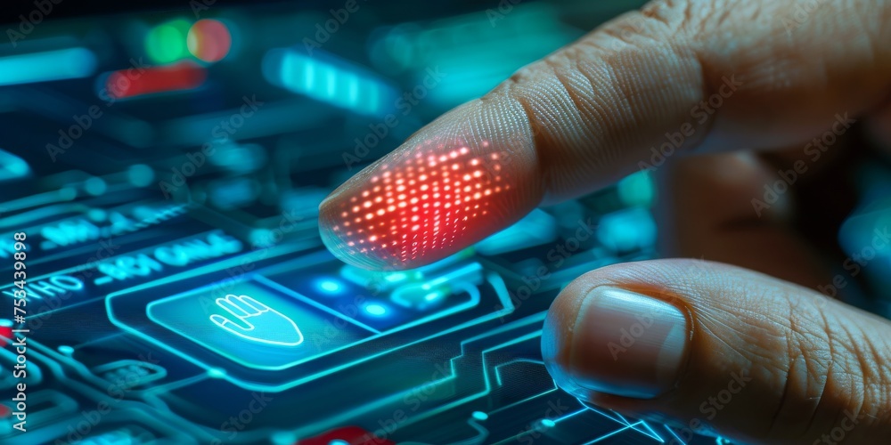 Poster Biometric Identification in a High-Tech Future: A Finger Glows with Intricate Circuit Patterns Signaling Advanced Security Technology, Generative AI