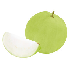 illustration of Guava fruit, whole and halved,isolated on white background.