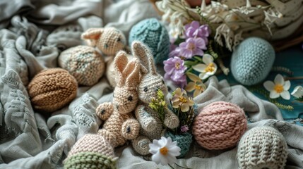 Handmade Knitted Easter Bunnies and Decorative Eggs.