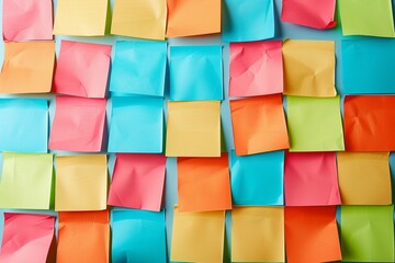 Colorful sticky notes arranged in a pattern on a desk - obrazy, fototapety, plakaty