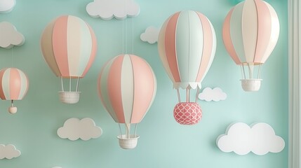 Whimsical hot air balloons drifting across a nursery wall in soft hues