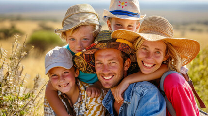 Portrait of an happy caucasian family doing a safari in Africa